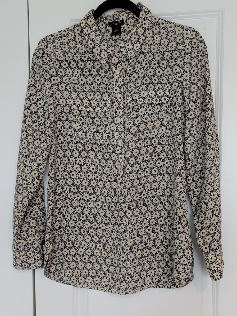 Ann Taylor Cream and Navy Floral Button-Down Shirt